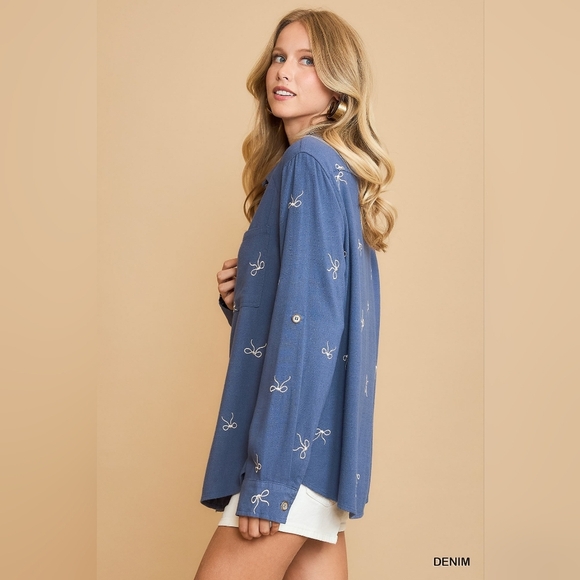 Umgee Linen Blend Fitted Shirt with Ribbon Embroidery Details - Picture 2 of 5